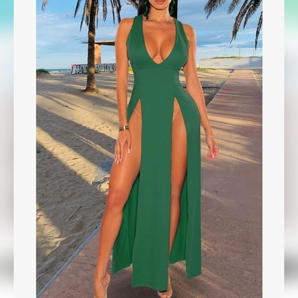 YouSexy Green Sexy Split Maxi Party Dress Deep V Neck Beach Cover Size L NWOT - Picture 1 of 10